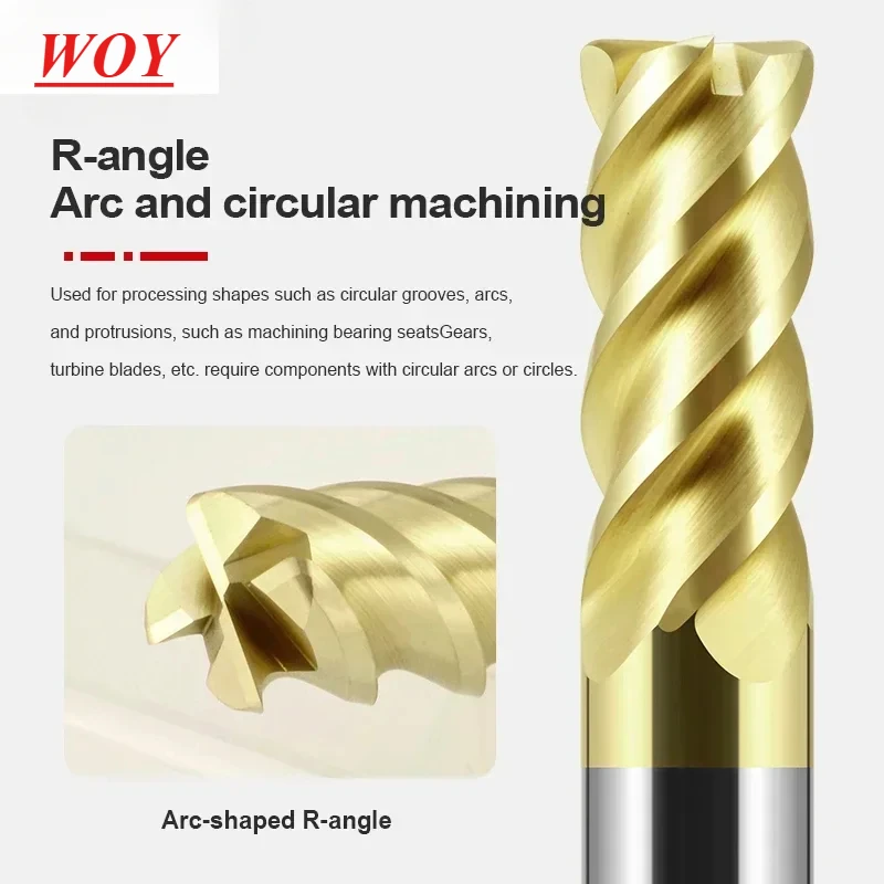 WOY HRC68 Corner Radius End Mill CNC R Bullnose Cutter Tungsten Carbide Steel 4Flutes R0.5 R1Surface Machining Metal Router Tool