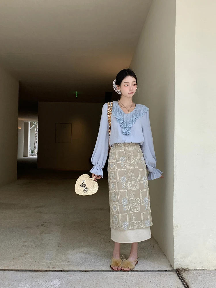 

Spring Summer Women's Cotton Linen irt Embroidered Collar Patchwork Skirt Faionable Versatile Set Ele Ladylike Sle