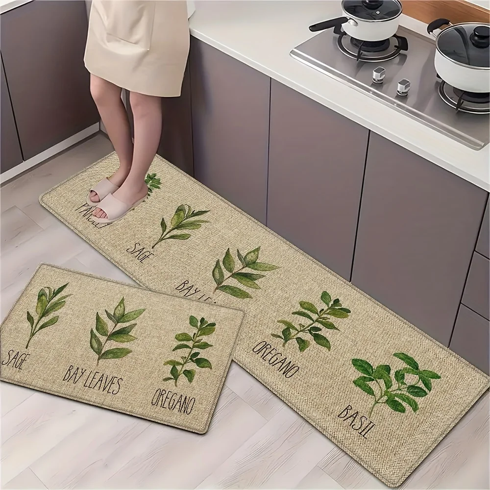 VIKAMA 2-teiliges Set Küchenmatte mit grünem Blatt-Design, rutschfester Läuferteppich, Waschküche, Badezimmer, Heimdekoration im Innen- und Außenbereich
