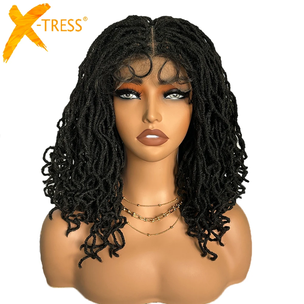 X-TRESS 4x4 Lace Front Twist Dreadlock Braided Wigs 14" Curly Faux Locs Black Color Synthetic Wig with Baby Hair for Black Women