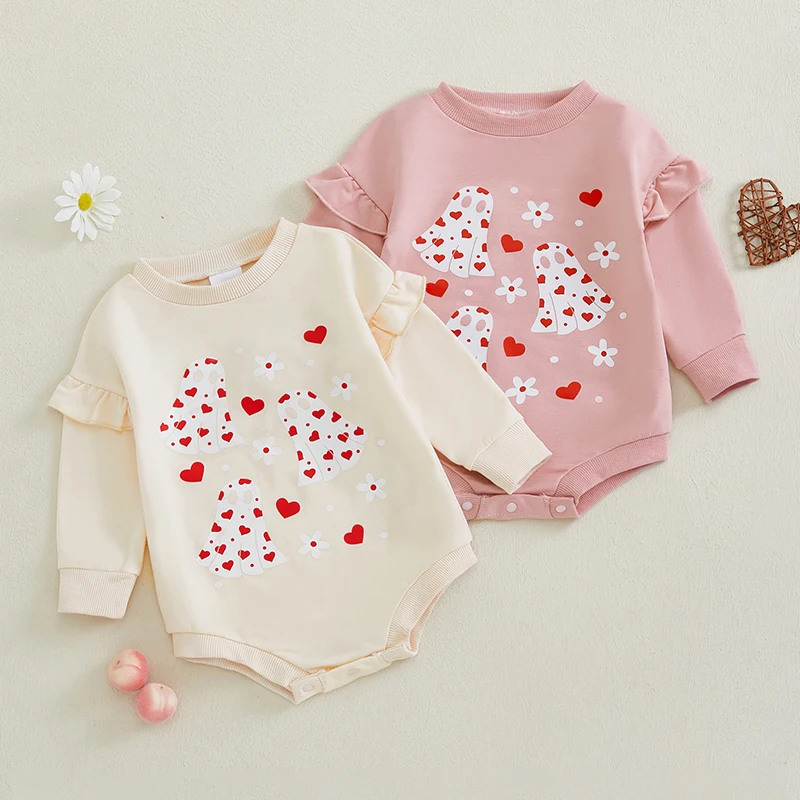 

Толстовки для маленьких девочек, комбинезоны на День святого Валентина, с принтом сердца, с рюшами и длинными рукавами, весенне-осенние боди, комбинезоны