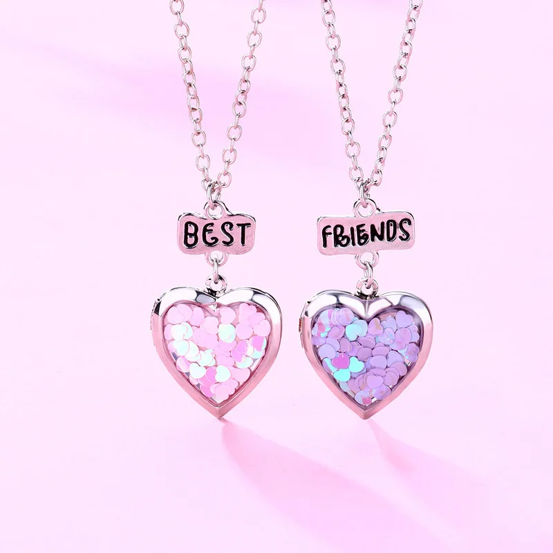 2Pcs/Set Sweet Sequins Heart-shaped Best Friends Pendant Necklace Chain Cute BFF Friendship Jewelry Charm for Girl Women