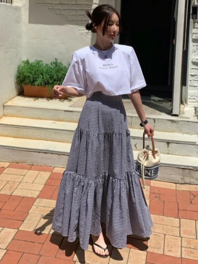 

Шикарная юбка-миди трапециевидной формы с высокой талией, женская клетчатая лоскутная юбка с эффектом похудения, новая летняя универсальная длинная юбка в стиле ретро