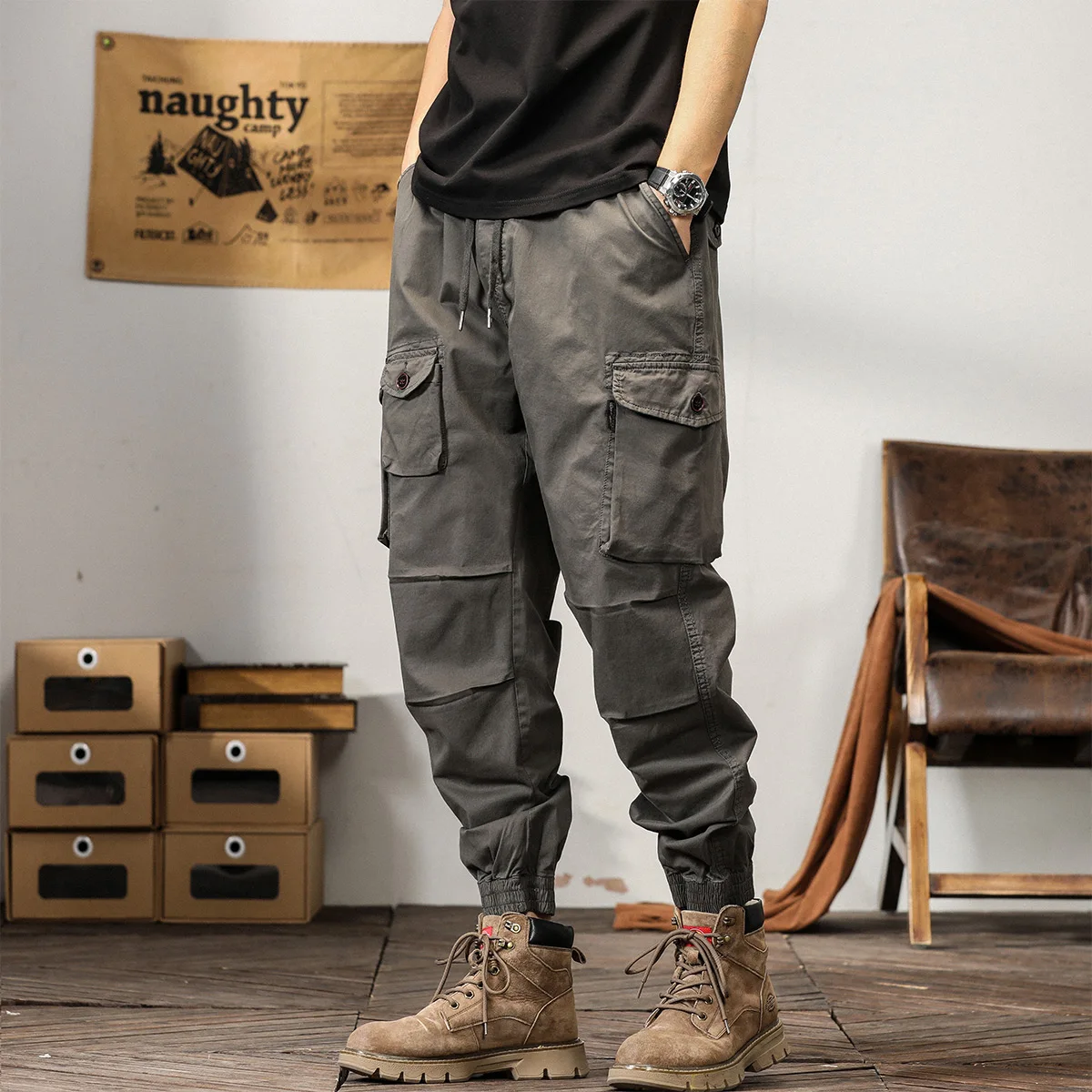 Cargo hose Herren hohe Taille Kordel zug Mode Workwear Freizeit hose Trend schlanke High Street gerade neunte Hosen Streetwear