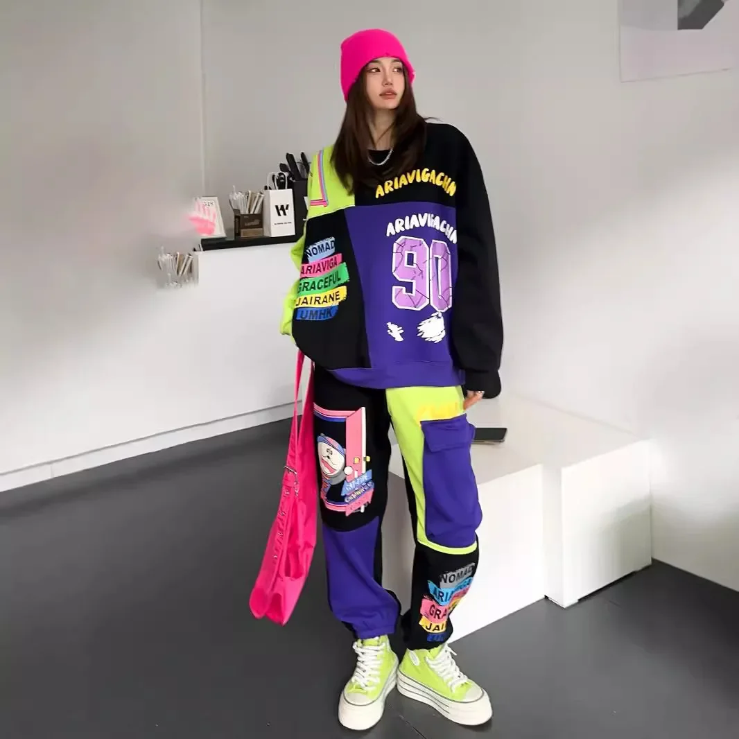 Winter College Style Contrasting Color Splicing Oversized Sweatshirt and Thickened Sweatpants Fleece Casual Sports Sets Women
