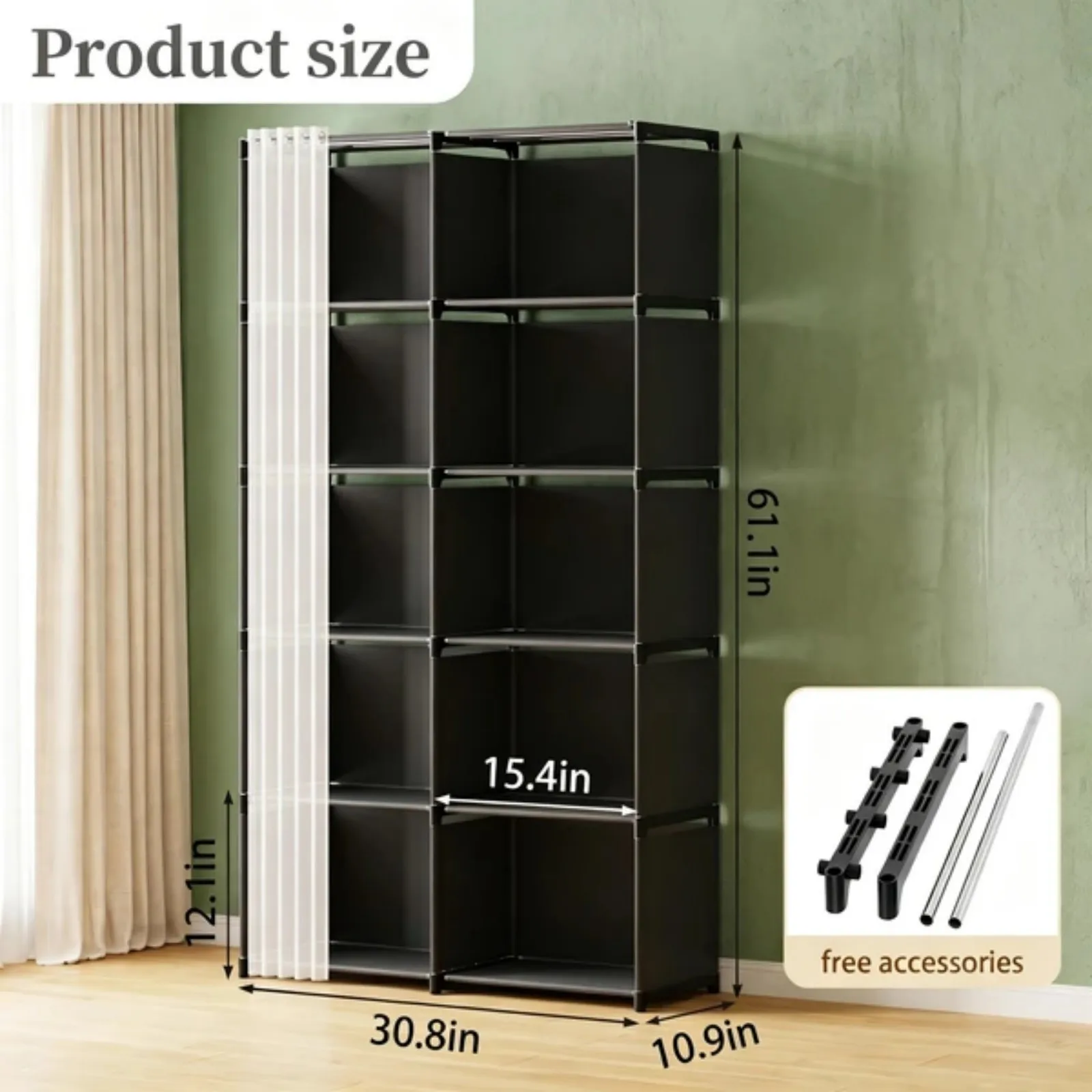 10-Cube Storage Closet Organizer with Curtain, DIY Modular Clothes Wardrobe Cabinet, Freestanding Metal Frame Shelving Unit for Bedroom Clothes Storage, 61.1