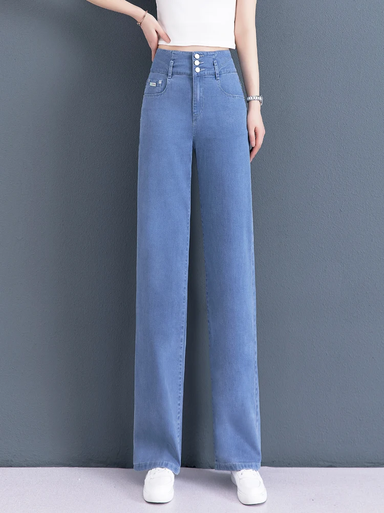 

Женские летние тонкие джинсовые капри с высокой талией из шелковистой ткани, повседневные брюки с широкими штанинами, комфортные, дышащие, с охлаждающим эффектом