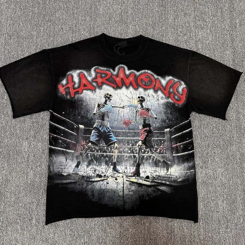 HARMONY T-Shirt Skeleton Boxing Print Washed Oversized Vintage Rhinestone Short Sleeve Tee Streetwear Casual Tee Stock