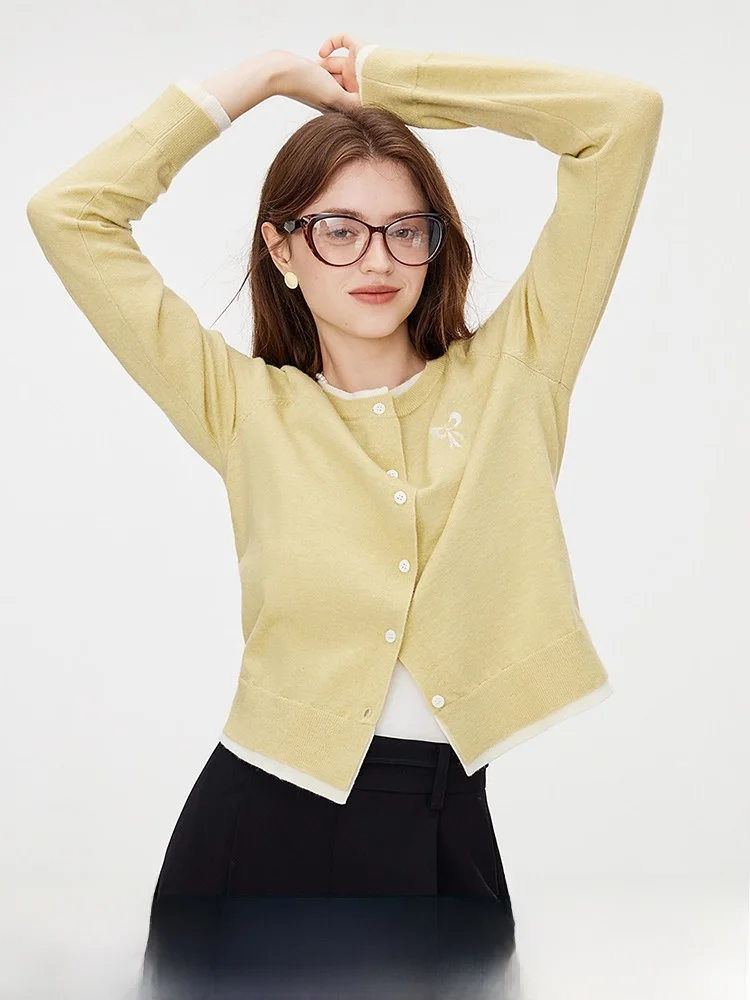 

Женский вязаный кардиган hlan Color Blo, весна 2024, новый антивозрастной топ из полиэфирного волокна с вышивкой узлом