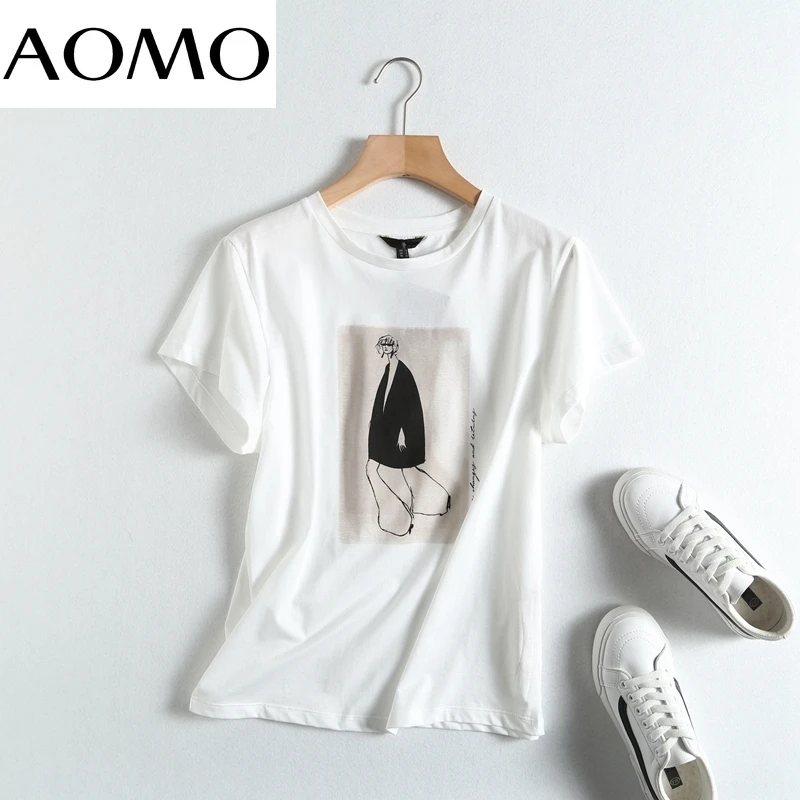 

AOMO 2021 Summer Women Vintage Print Cotton T Shirt Short Sleeve High Quality Elegant Ladies Casual Tee Shirt Top 6D20A