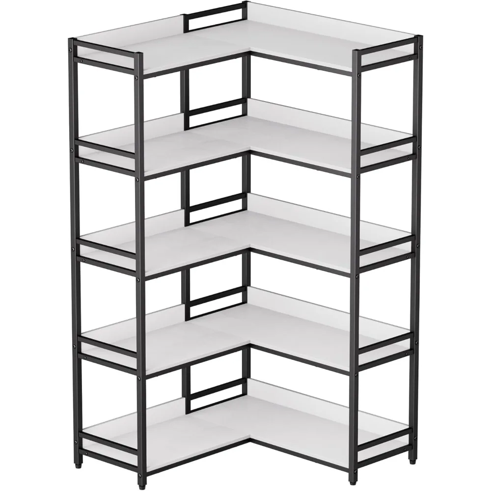 5-Tier Corner Bookshelf - Modern Tall Corner Shelf Storage Display Rack with Sturdy Metal Frame - Perfect