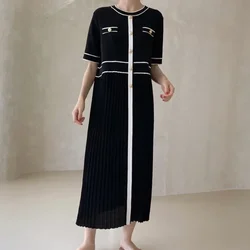 Korean Fashion Knitted Ice Silk Dress Women Summer Contrast Color Short Sleeve Casual Loose Pleated Maxi Dresses Oversized