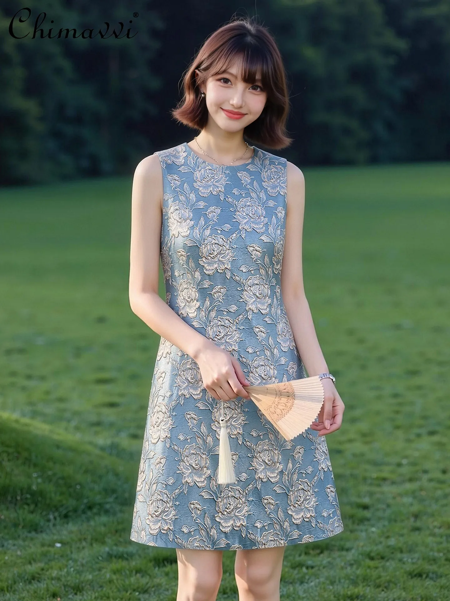 

New Chinese Elegant Fashion Retro Jacquard Dress Round Neck Sleeveless A-line Temperament Blue Short Dress Women's Summer 2026