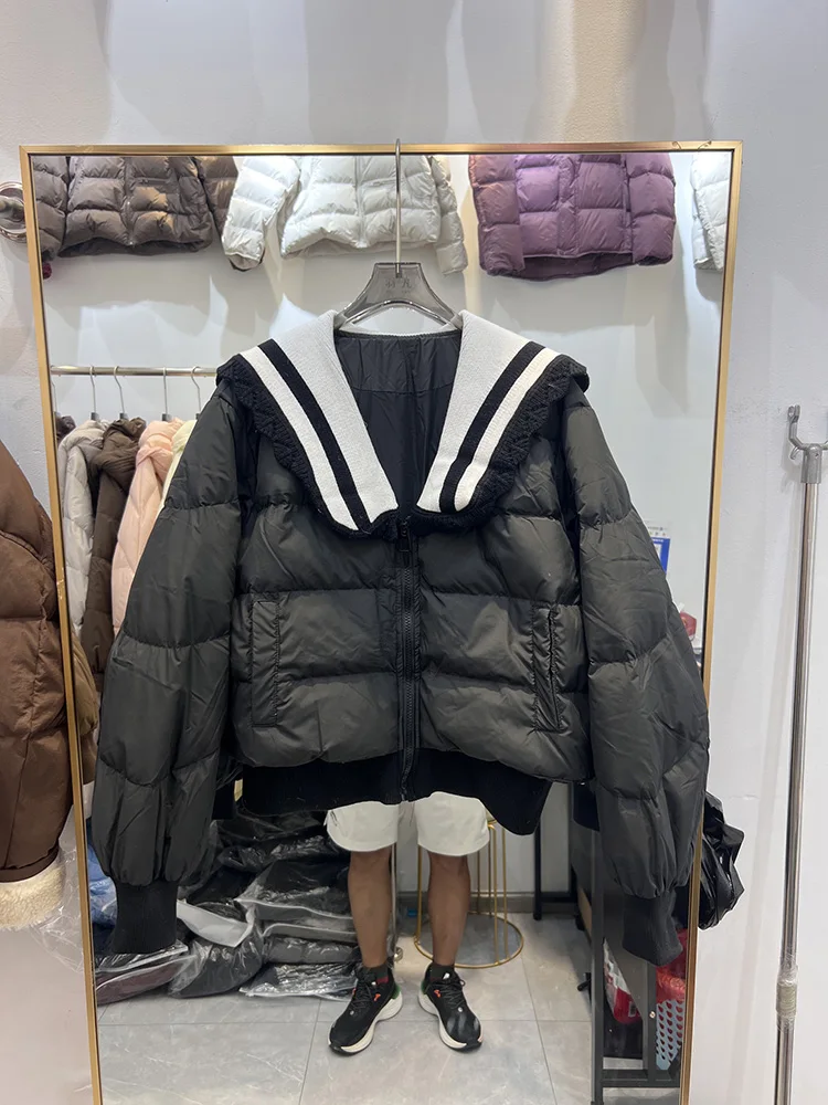 Women's short style cute contrast color lapel collar loose versatile white duck down jacket 2025 winter new down jacket