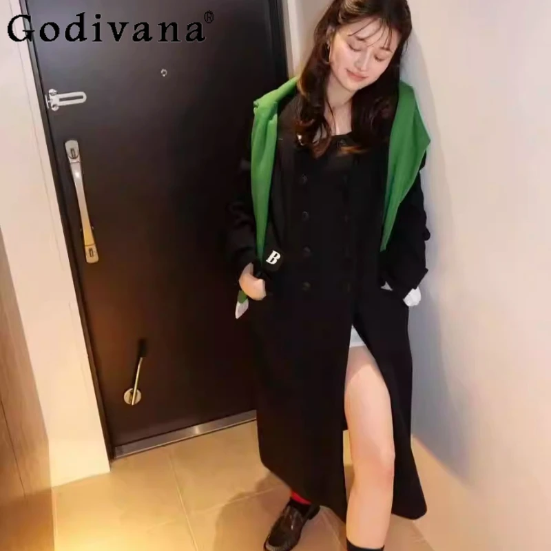 

Модные милые длинные двубортные шерстяные куртки в японском стиле для женщин, осенне-зимние длинные шерстяные плащи с вышивкой букв