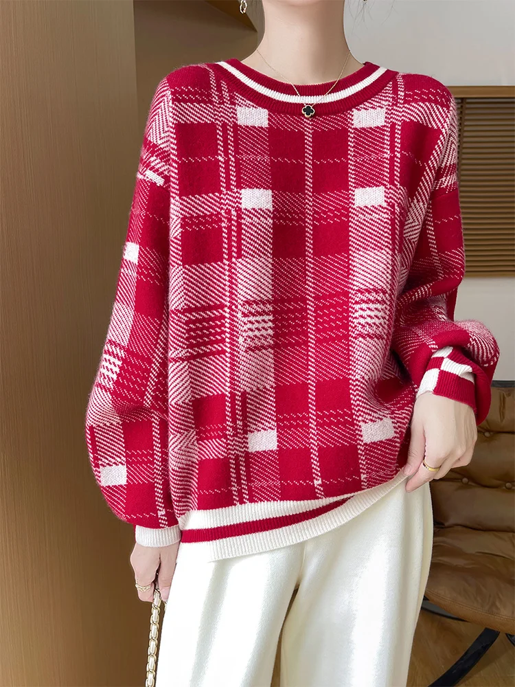

Light Luxury Woman 100% Merino Wool Sweater Elegant Autumn Winter Knitted Pullover Plaid Long Sleeve Clothing Tops Ladies Jersey