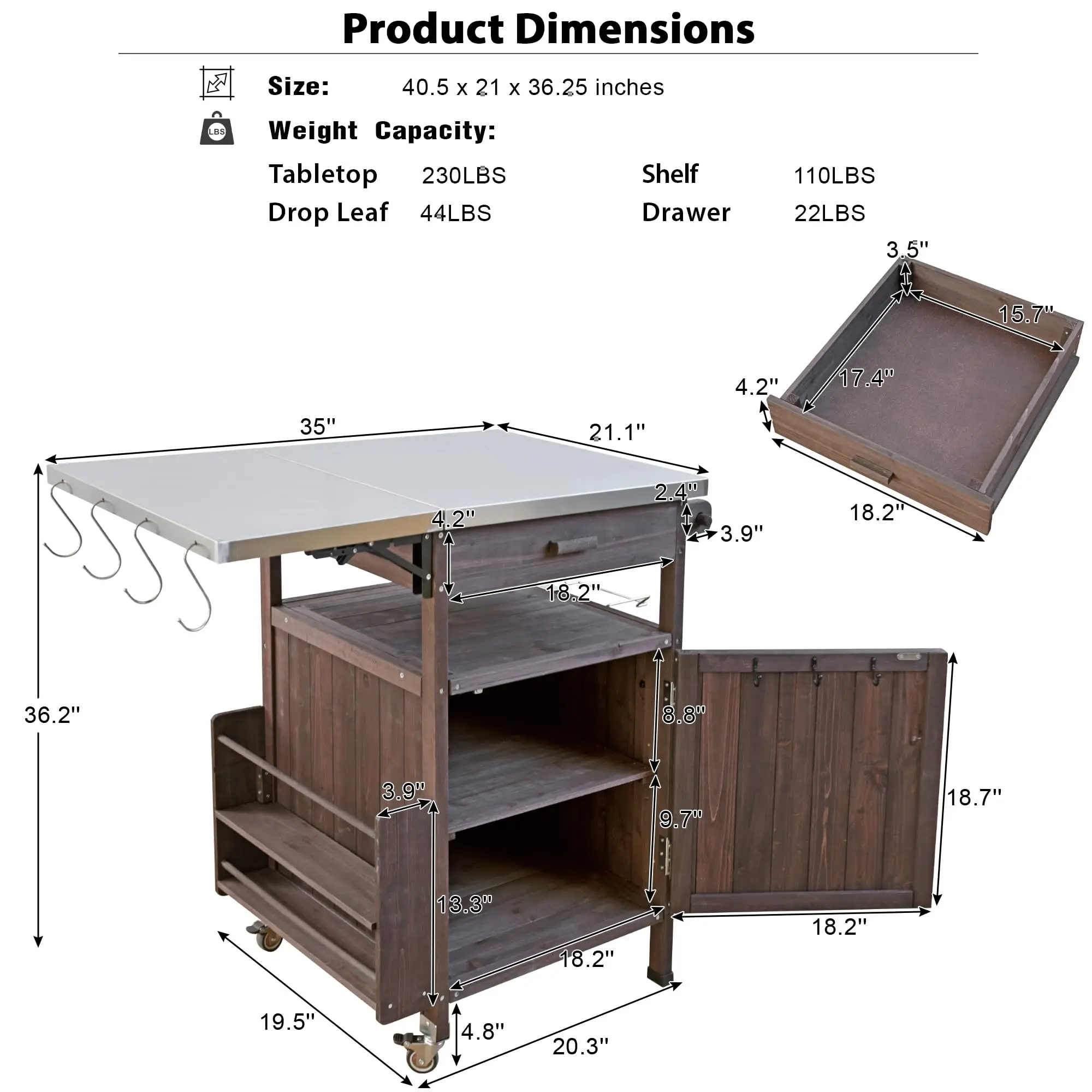Outdoor Grill Cart with Stainl Steel Top, 40.5