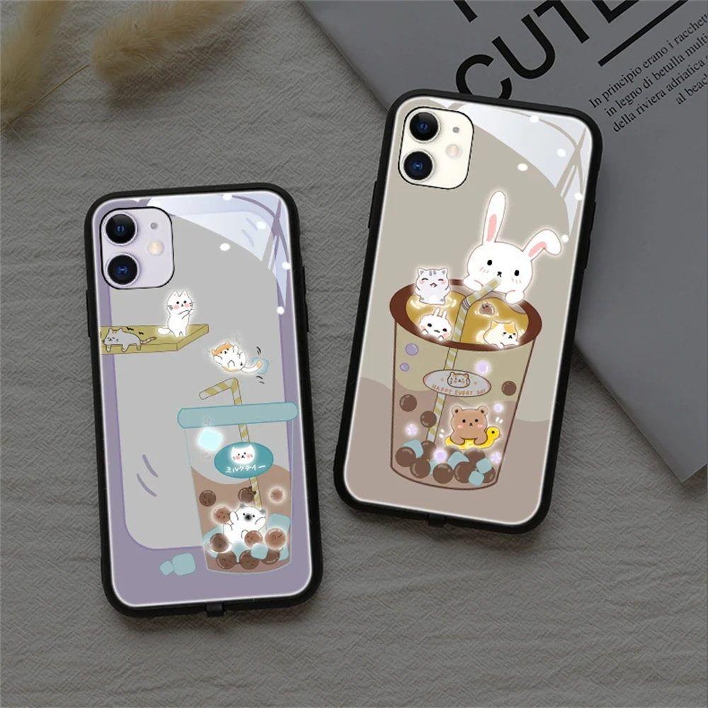 

Cute Boba Milk tea Luminous Phone Case for iPhone 15 14 13 12 11 Pro XS Max XR X 8 7 Plus Cat Call Light Up Funny Cartoon Cover