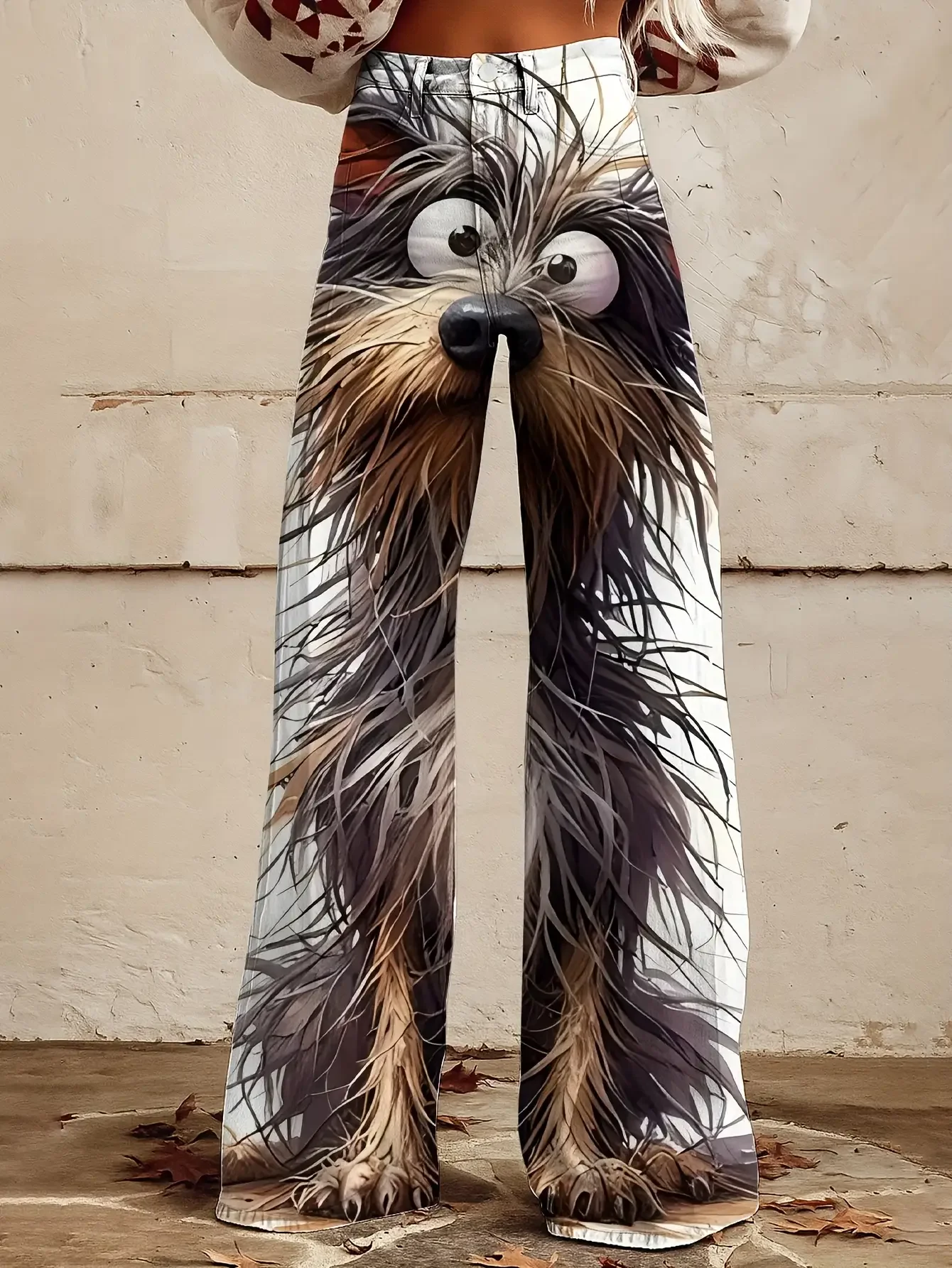  2026 Ladies' fashionable casual wide leg jeans, washed elastic denim, Cute cartoon pattern