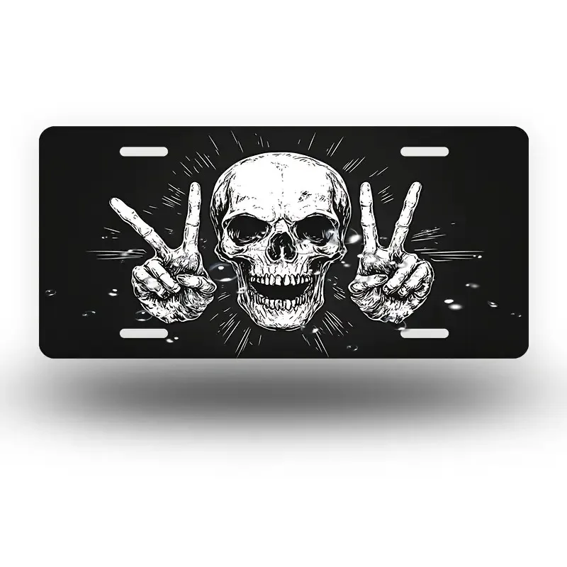 2D flat Metal Sign Skull with Peace Symbol Front Panel Set and Frame - Rock Style, Standard Size, Polished Surface