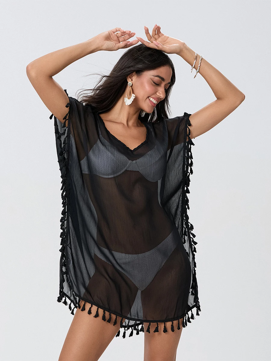 Donne nappa Trim Bikini Cover Up Beach Dress tinta unita See-Through Beachwear costume da bagno Summer Mini Dress Cover-up