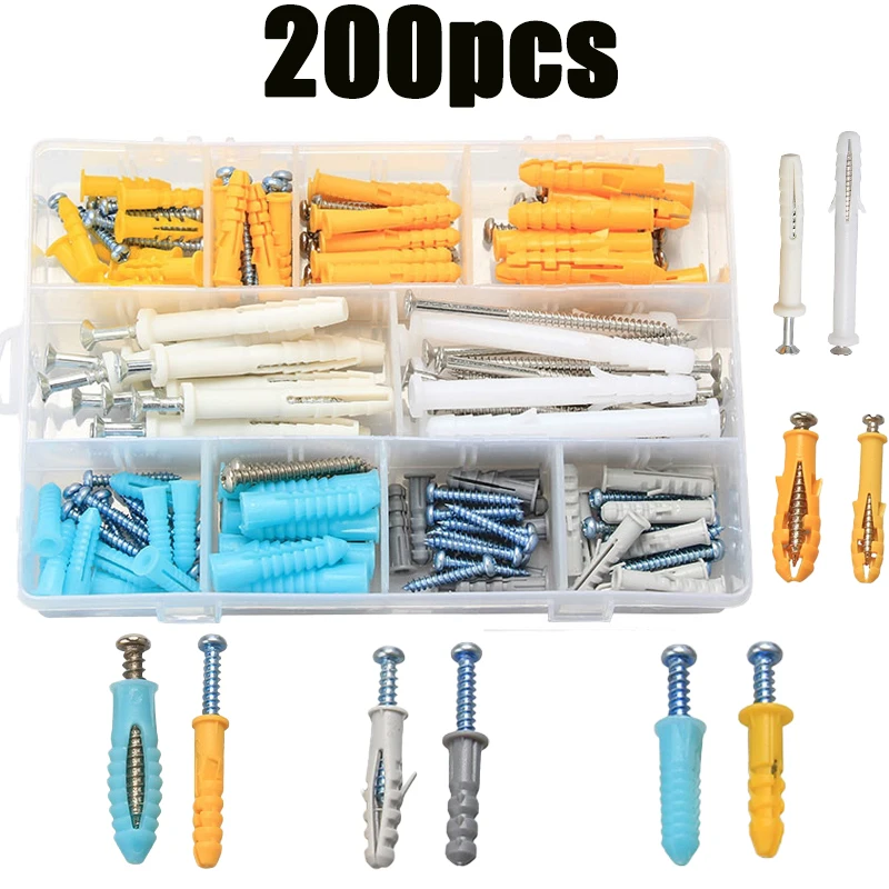 

200pcs Plastic Expansion Tube Pipe Self Tapping Wall Anchors Drilling Woodworking Plugs Plastic Expansion with Metal Screw Kit