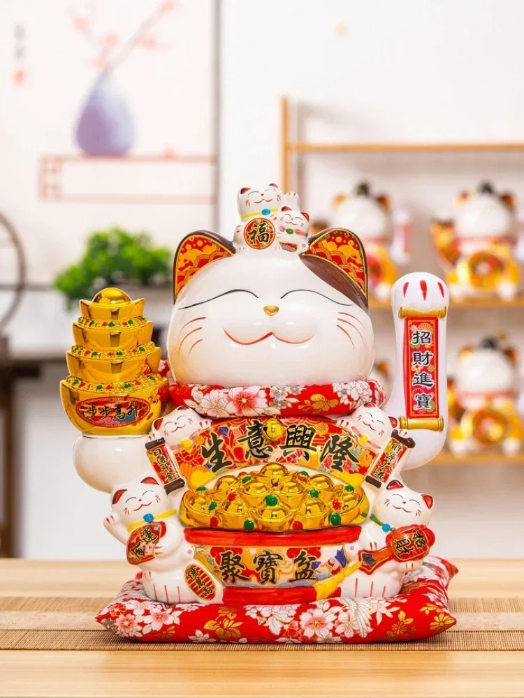Ceramic Lucky Cat Maneki Neko Waving Hand Cat Battery Powered Fortune Statue Gift Accessories Kawaii Home Room Cat Decoration
