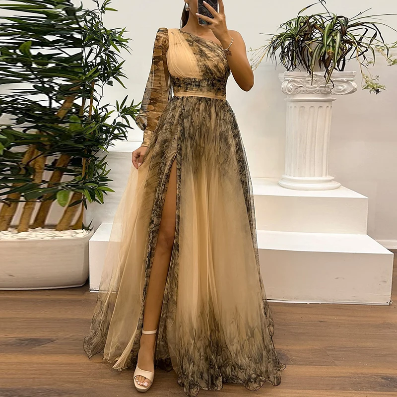 New One Shoulder Sleeve Pleats Bridesmaid Dress Vintage Pattern Printed High Waist Long Dress Sexy Asymmetric Mesh Evening Dress