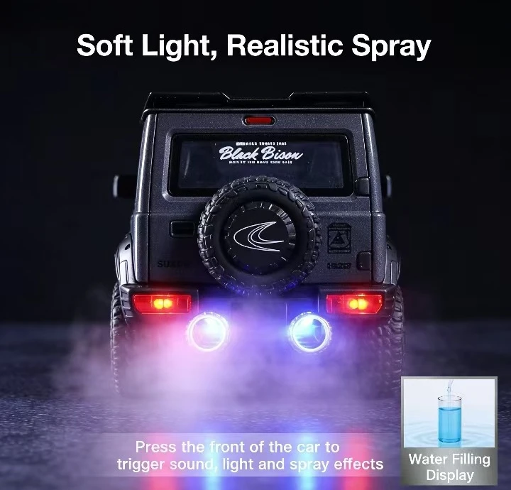 Modelo de carro em liga Suzuki Jimny 1:18 |   Ornamento grande com spray duplo, portas que podem ser abertas, função pull-back, efeitos sonoros e luminosos