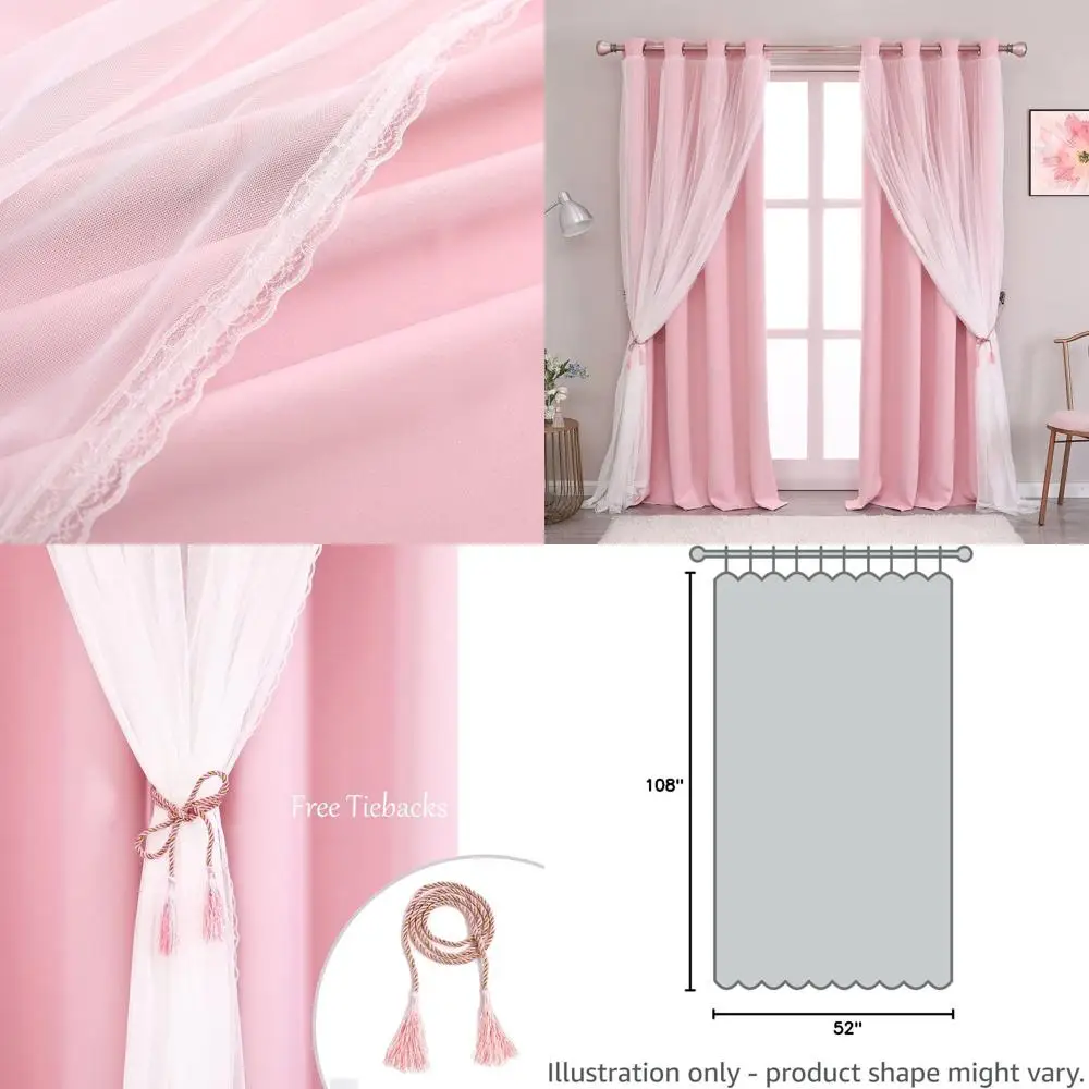 

Комплект двухслойных прозрачных и светонепроницаемых штор с подхватами, 52x108, светло-розовый, 2 штуки