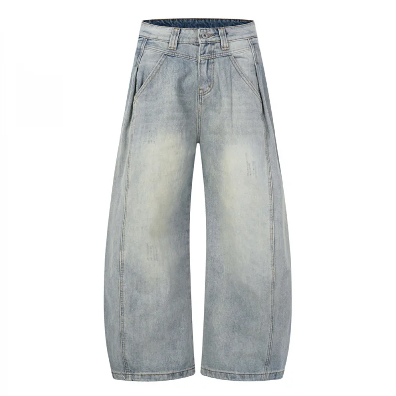 QICHE Men Contrast‑Stitch Denim‑Trousers American‑Vintage Curved‑Cut Wide‑Straight Loose‑Fit Versatile‑Casual Daily‑Wear Pants