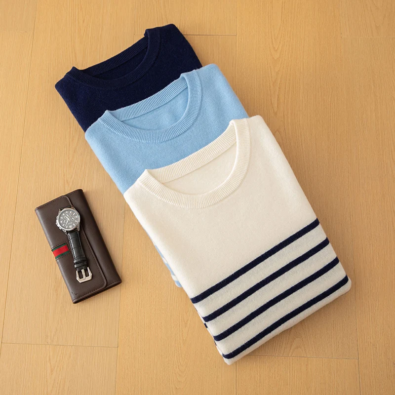 Autumn And Winter Cashmere Round Neck Men's Striped Sweater Loose Warm Pure Wool Plus Size Casual Knitting Bottoming Shirt