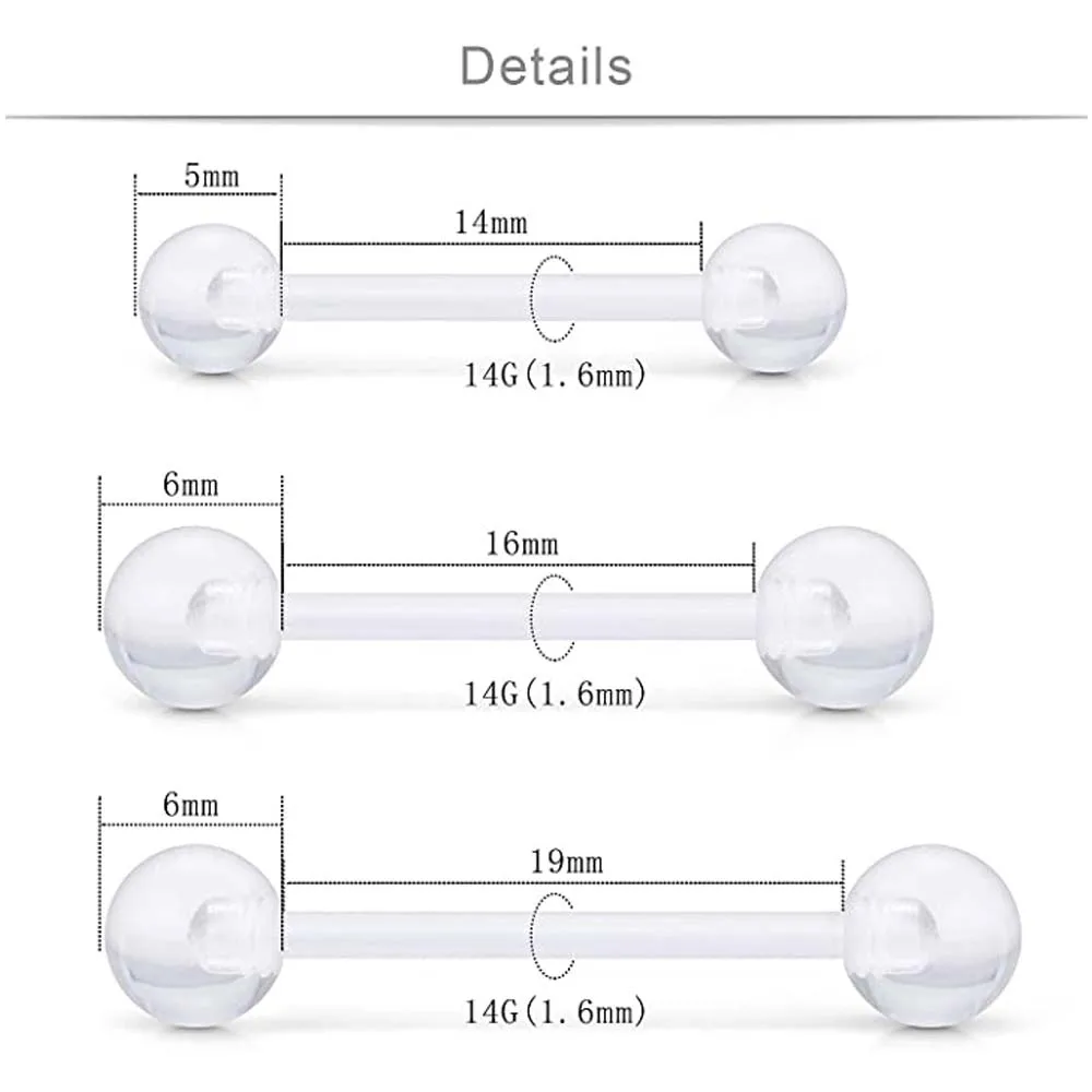 2pcs Barbell Tongue Belly Ring Invisible Nose Rings Clear White Acrylic Ball Punk Bar Lip Ring Silicone Eyebrow Body Piercing