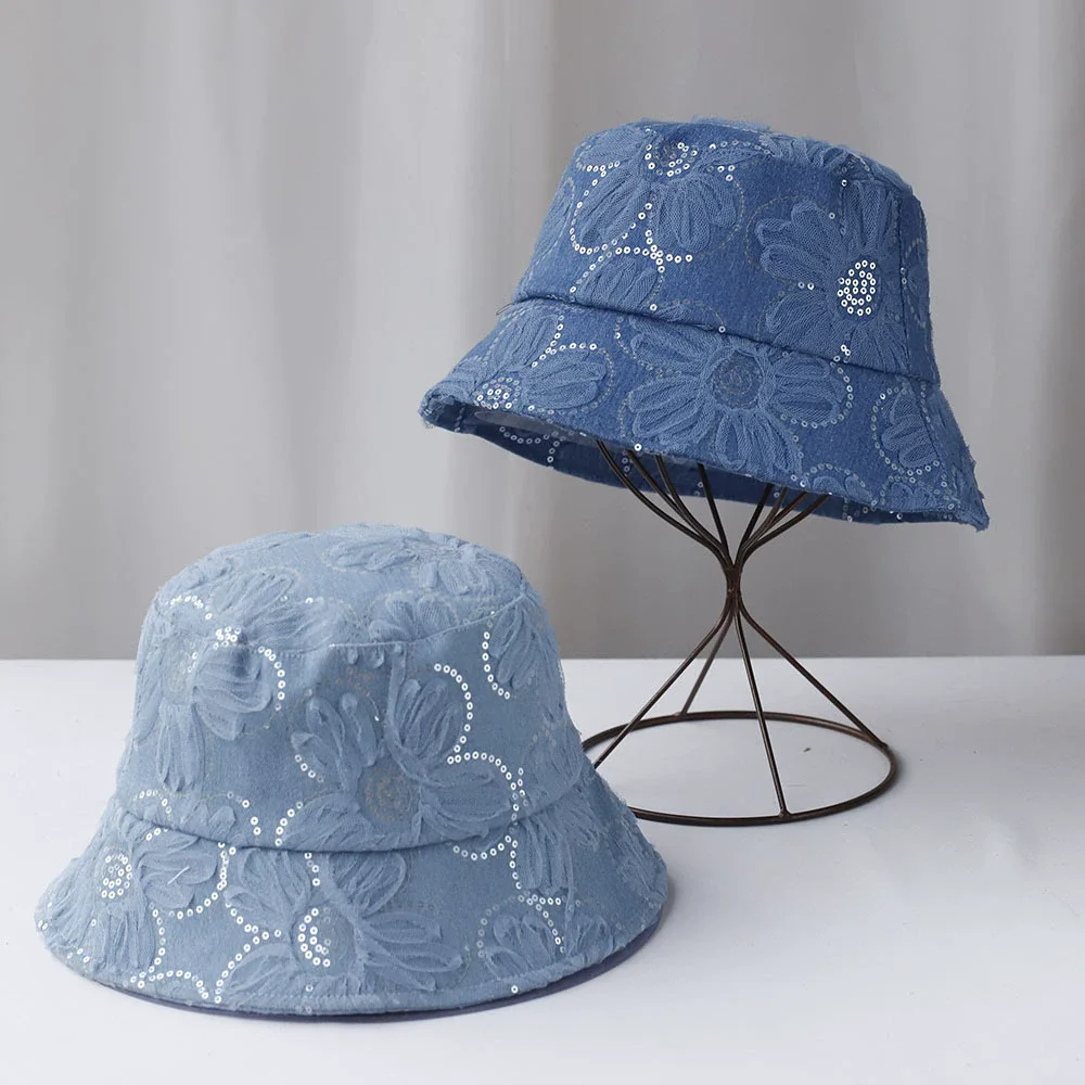 Korean 2025 New Style Large Brim Floral Sequin Denim Fisherman Hat Women's Big Head Sunshade UV Protection Bucket Hat