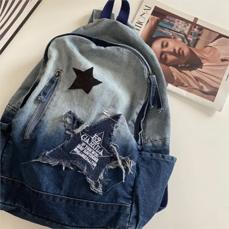 JIAERDI Vintage Star Harajuku Backpack Wanita Denim Kapasitas Besar Tas Ransel Pelajar Y2k Serbaguna untuk Sehari-hari Mochilas Mujer Baru