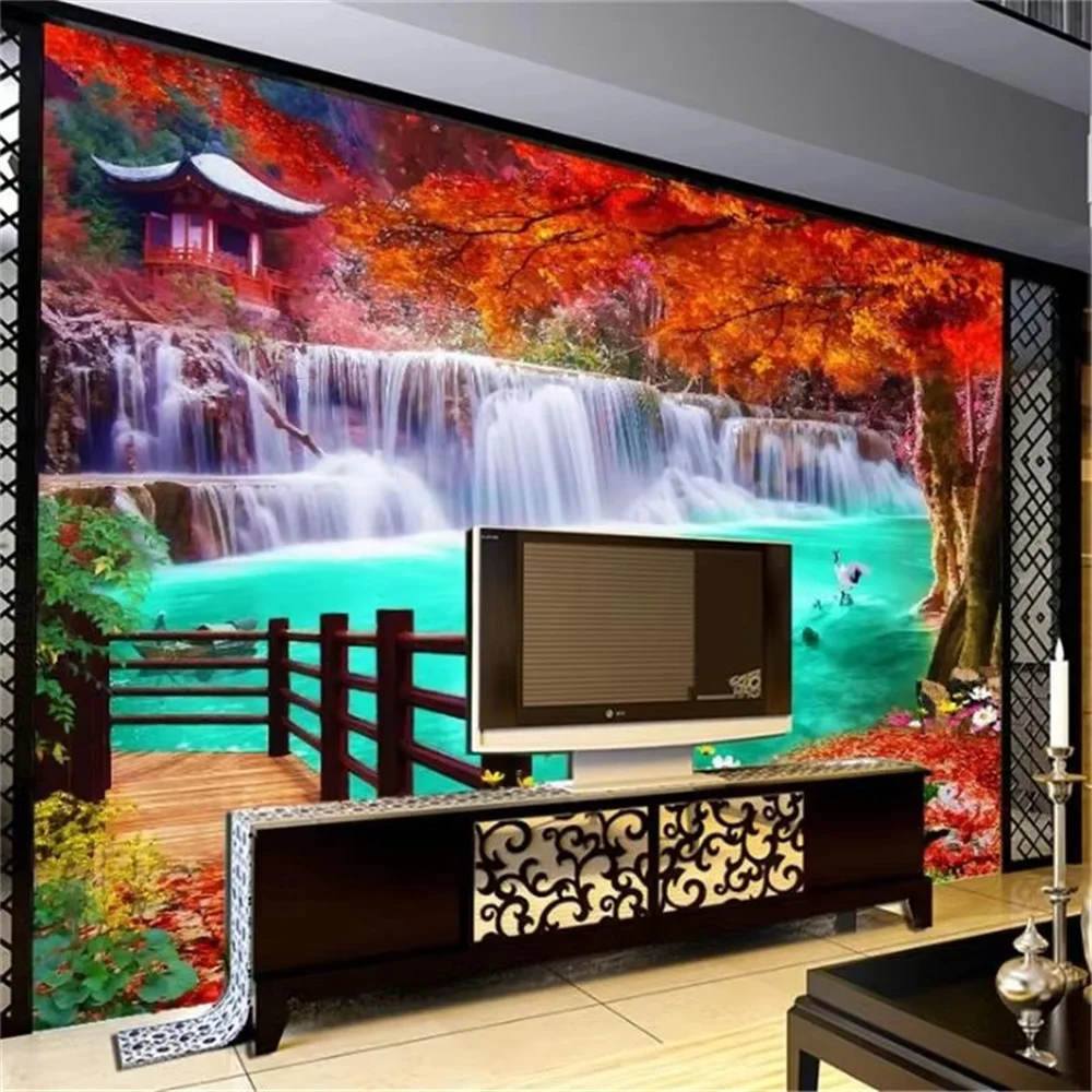 Papel de parede personalizado 3d mural floresta encantada paisagem fundo da parede sala estar hotel cachoeira bambu lótus pavão papéis de parede