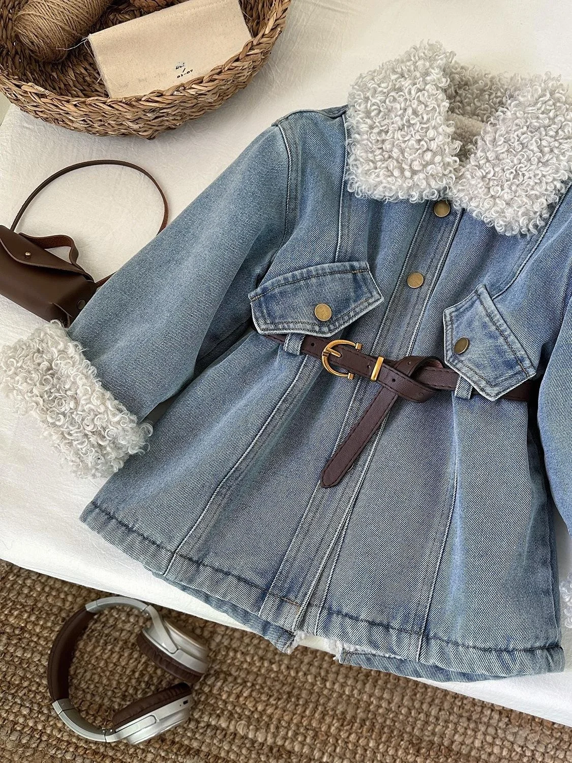 

Джинсовая куртка Thiened Fce Long Sve для девочек, зимняя новая удобная модная верхняя одежда Dr, корейская кроватка...