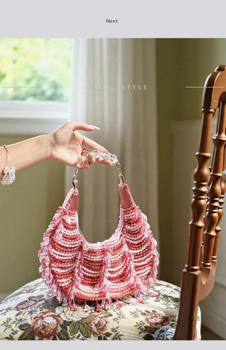 

Fashion Transparent Beads Beading Tassel Women Handbag Beads Beaded Handmade Satin Hobo Bag High Quality Luxury Clutch Purse