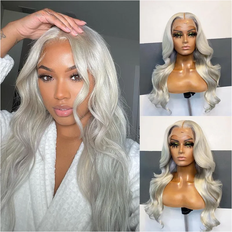 13x4 Body Wave Colored Human Hair Wigs Silver Grey Lace Front Wig Human Hair For Women HD Transparent Lace Ftontal Wig