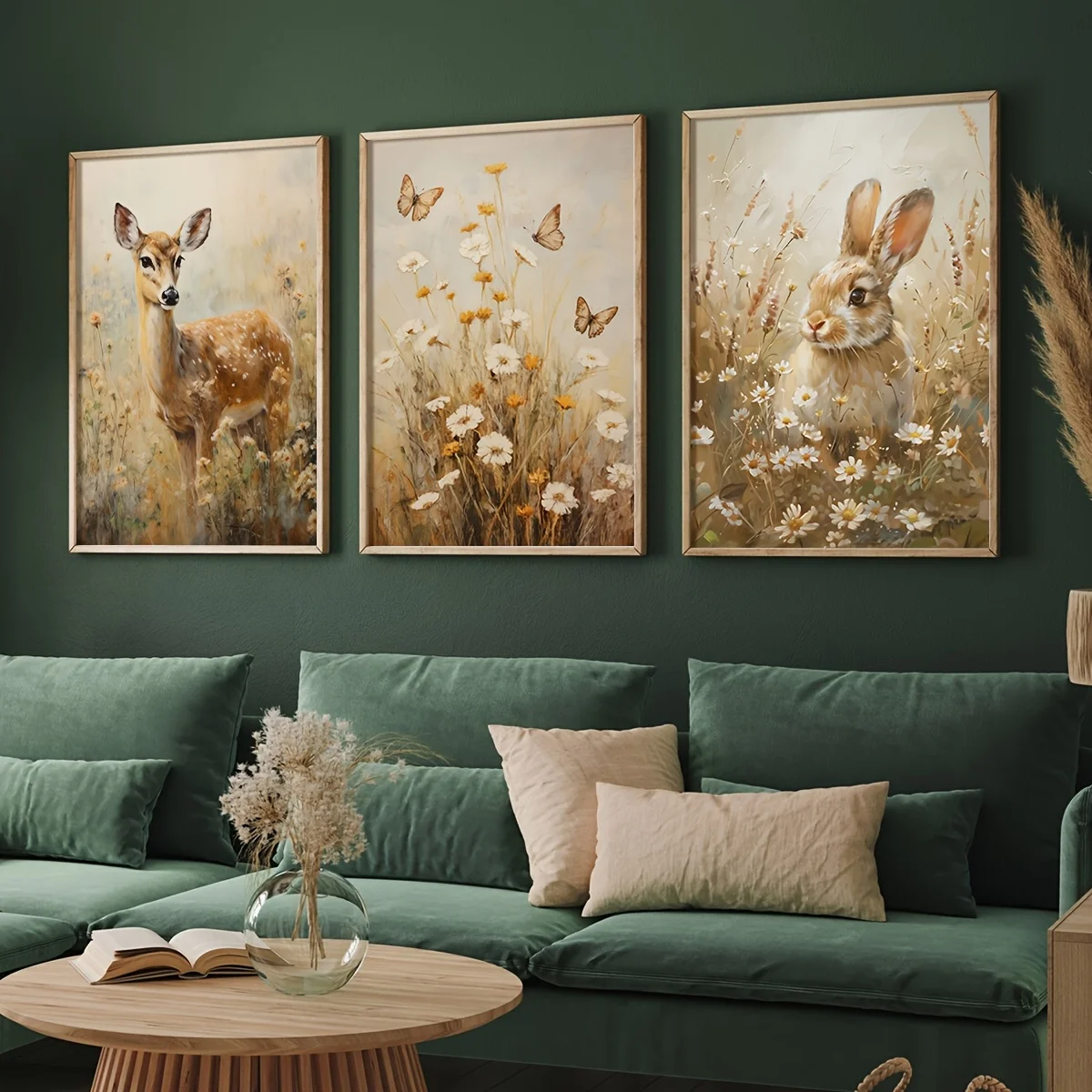 1/3pcs Charming Rabbit Flower Butterfly Deer Animal Canvas Print Spring Wildflower Nature Wall Art Poster for Easter Home Decor