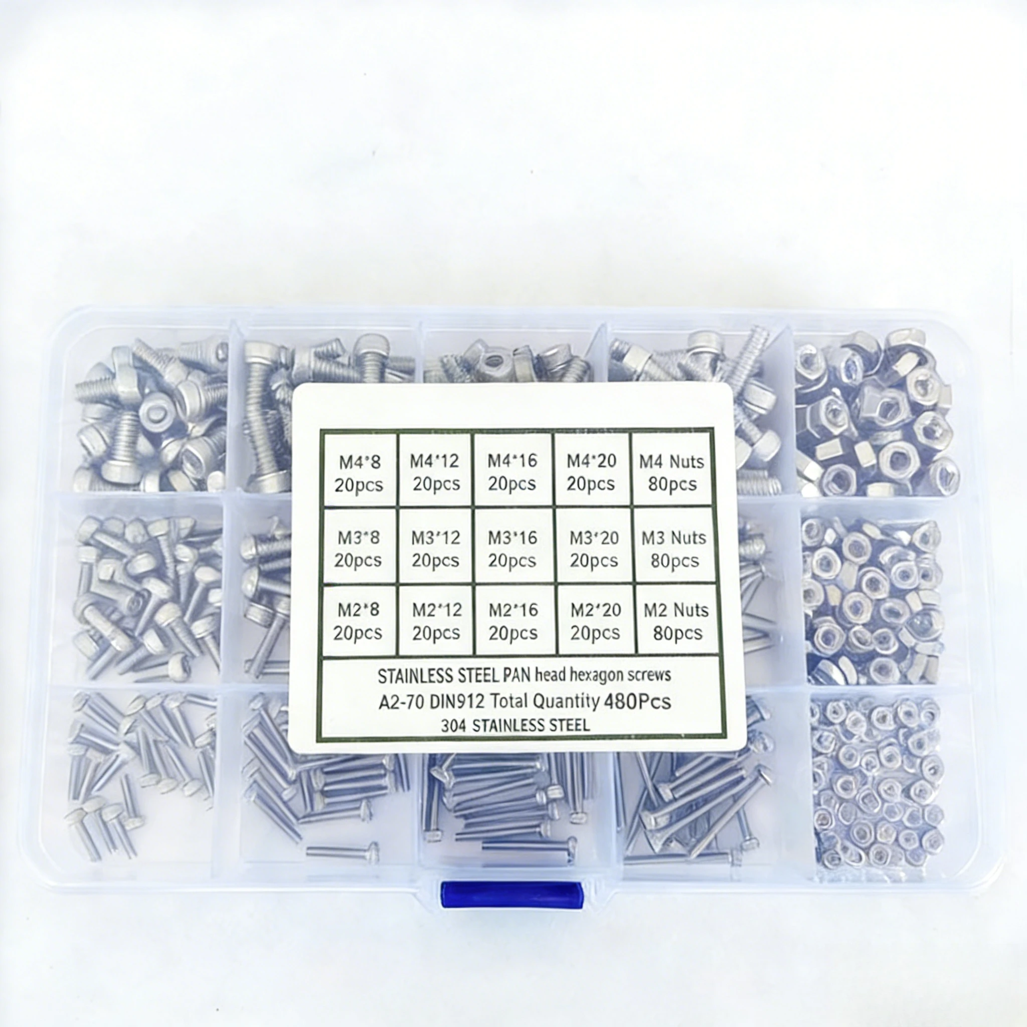 For 480pcs M2/M3/M4 DIN912 304 stainless steel cylindrical head hexagon socket screws with nut kit
