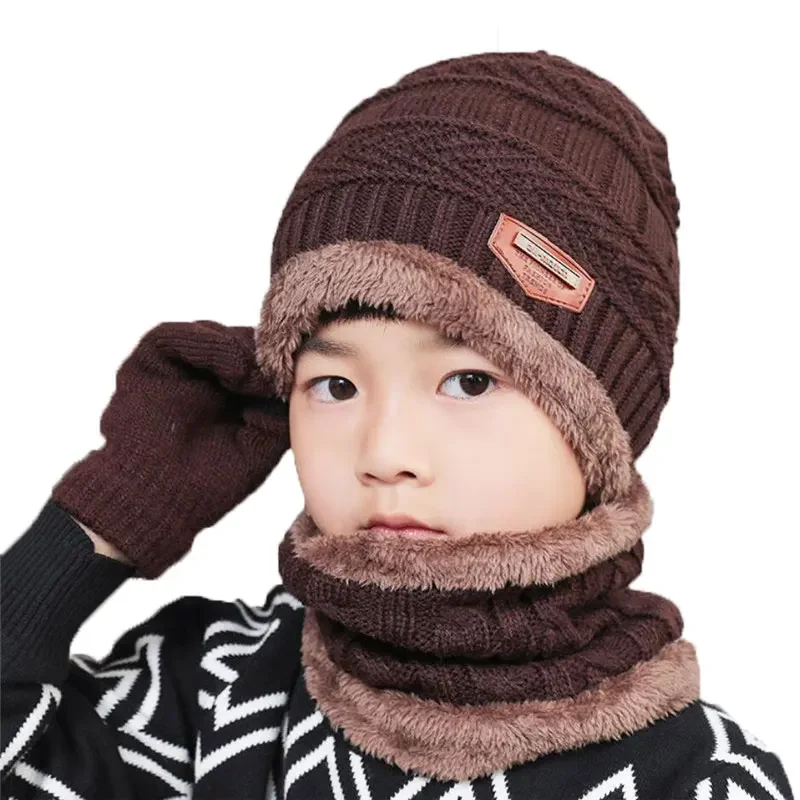 Children\'s Knitted Hat and Scarf Gloves Set Warm Plush Hat Outdoor Ski Cap Solid Scarves, Boy Girls Kids Winter Warm 3 Pcs Suit