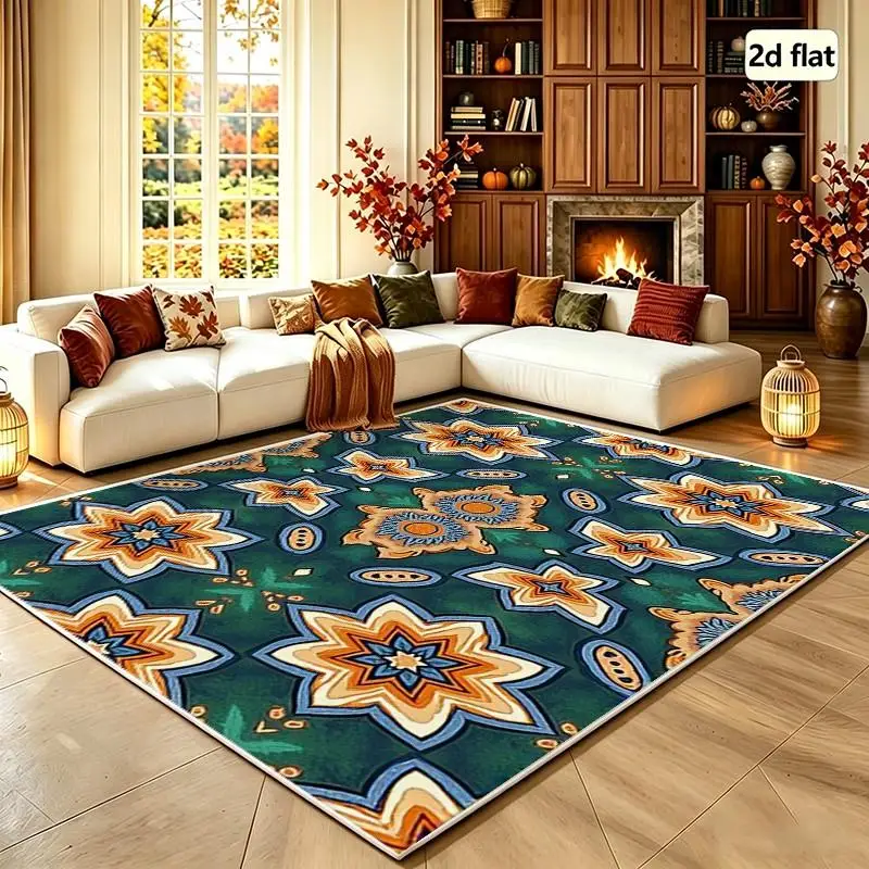 Green Bohemian Star Mandala Carpet Flooring Seamless Ethnic Square Area Rug Home Interior Decor