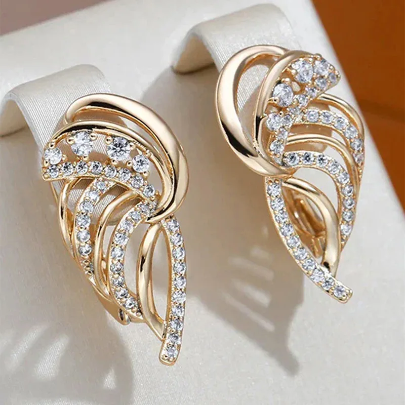 Jianjie Luxury Gorgeous Angel Wings Hollow Buckle Earrings for Women Gold Tone Shining Zirconia Elegant Dance Party Ear Jewelry