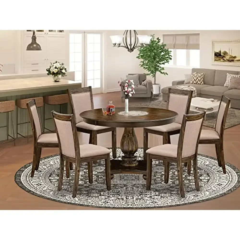 7 Piece Dining Set Round Table Pedestal 6 Upholstered Chairs Dark Khaki Linen Fabric Rubberwood High Quality Eco-Friendly Modern