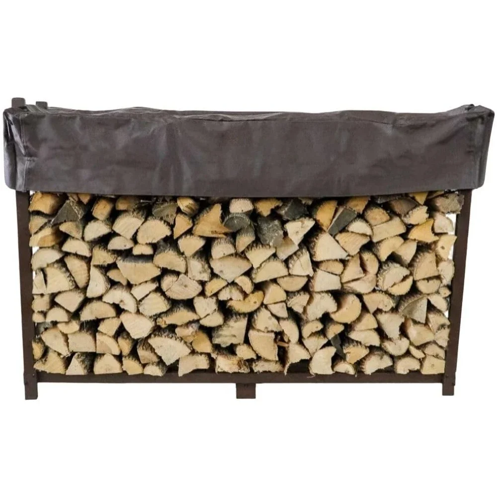 6 Foot Heavy Duty, Made in the USA - Outdoor Firewood Storage Log Rack and Seasoning Cover Set - Metal Firewood Rack With Brown