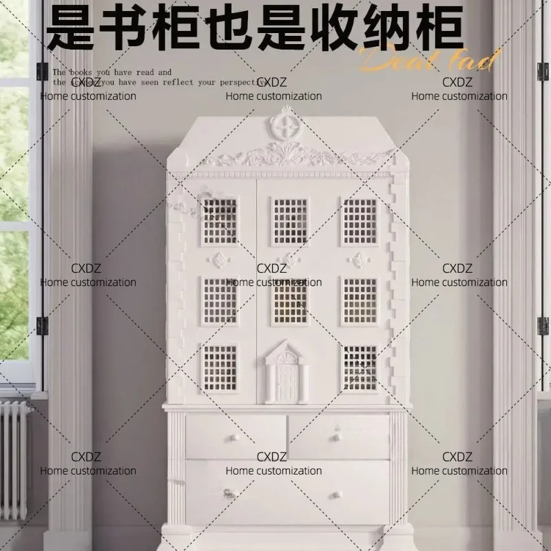 XX retro, wardrobe creative house modeling storage bookcase, white carved storage chest