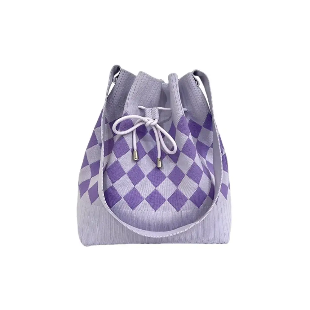 Bundle Pocket Houndstooth Bucket Bag Commute Handbag Diamond Drawstring Bag Large Capacity Soft Knitted Checked Shoulder Bag