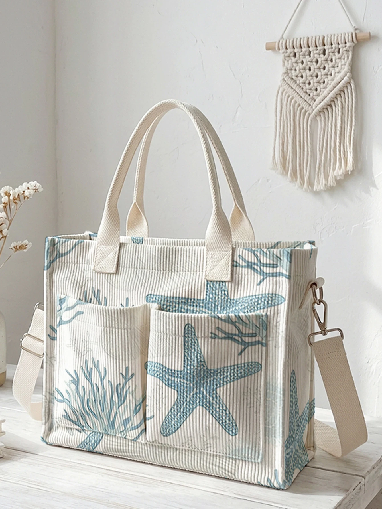

Coastal Starfish & Coral Print Corduroy Tote Bag Large Capacity Multi Pocket Commuter Shoulder Bag