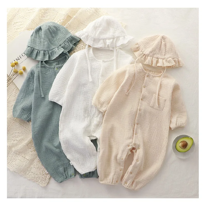 Newborn Baby Clothes Spring Autumn 100% Cotton Gauze Romper Cap Set Onepiece Pijamas Muslin White Waffle Jumpsuit Mamelucos Ropa